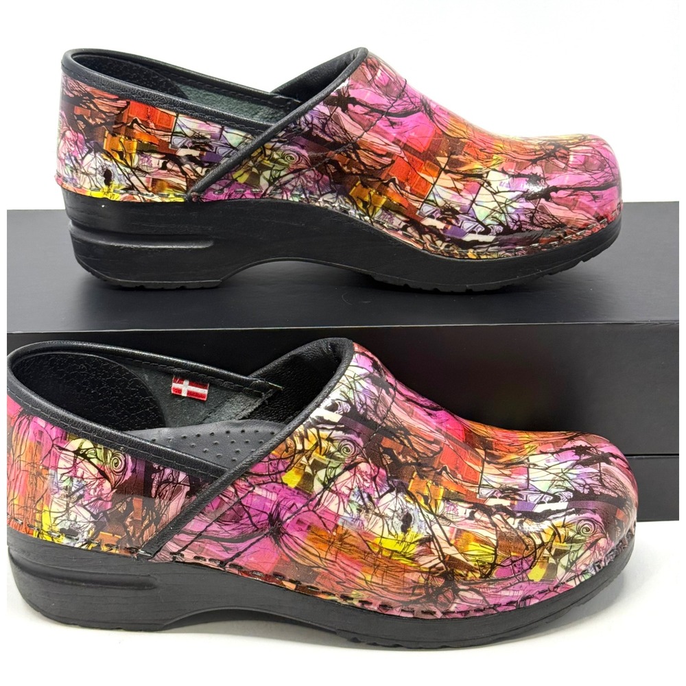 Sanita Professional Abstract Stained Glass Patent Leather Clogs Shoes 39 Womens